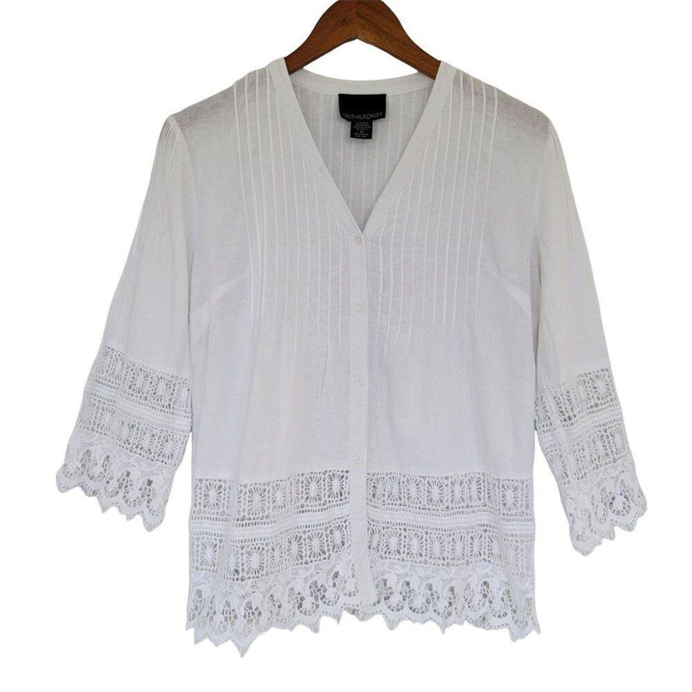 Cynthia Rowley Linen Blend Boho Blouse White Women Size M Lace Trim Tunic Top